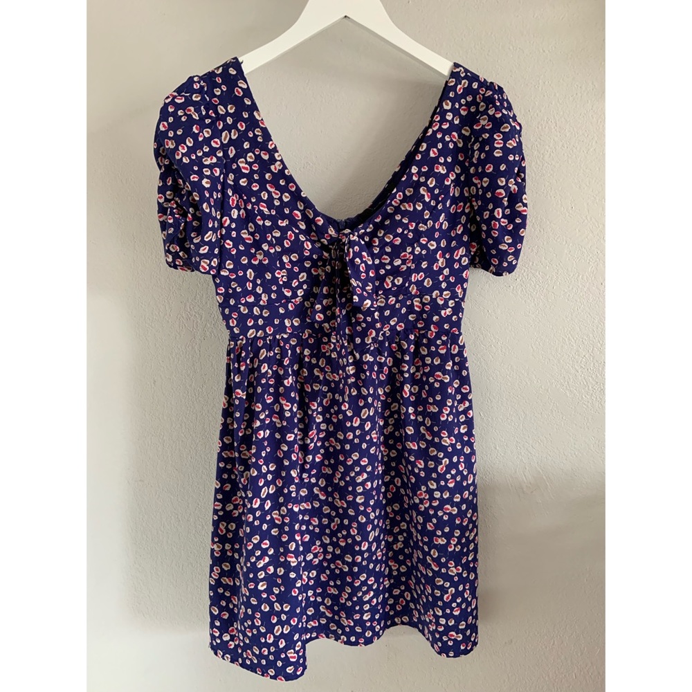 F21 Blue Floral Front Tie Puff Sleeve Mini Dress